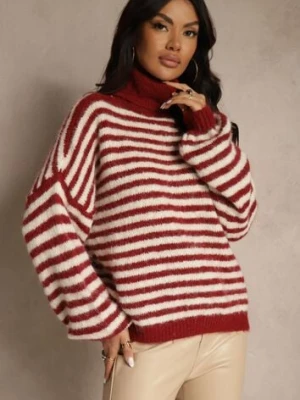 Bordowy Golf z Dodatkiem Wełny Ozdobiony Paskami Monarria