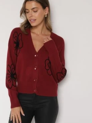 Bordowy Kardigan na Guziki w Haftowane Kwiaty Tustara