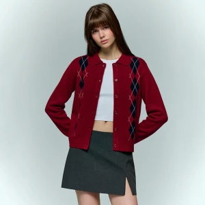 Bordowy kardigan w romby z kołnierzykiem House