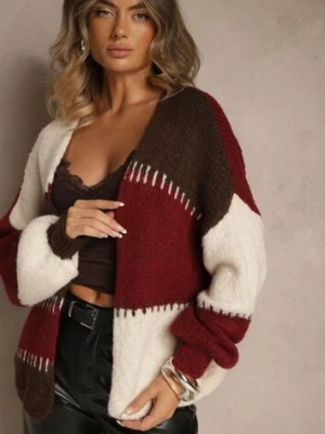 Bordowy Kardigan z Domieszką Wełny i Wiskozy w Patchworkowym Stylu Fesolinne jumelle