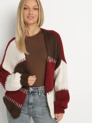 Bordowy Kardigan z Wełną i Wiskozą w Patchworkowe Łaty Fesunesa jumelle