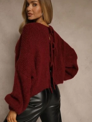 Bordowy Kardigan z Wełną o Kroju Oversize z Wiązanymi Kokardami Elearina