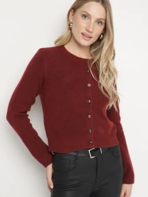 Bordowy Kardigan z Wełną o Prostym Kroju z Okrągłym Dekoltem Reissima