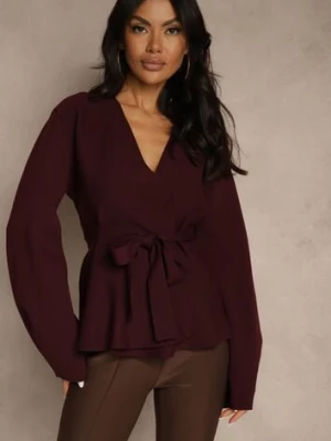 Bordowy Kardigan z Wiskozą Ozdobiony w Pasie Wiązaniem Tusllima