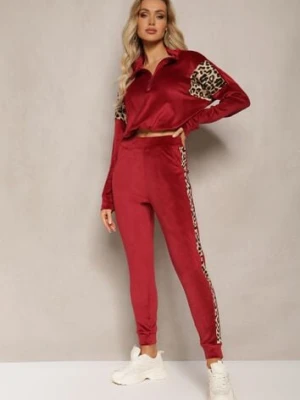 Bordowy Komplet Dresowy z Weluru z Krótką Bluzą i Spodniami Joggerami z Panterkowym Wzorem Limitta