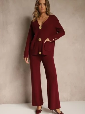 Bordowy Komplet z Dzianiny z Wiskozą Kardigan i Spodnie z Gumką Badrine unigirl
