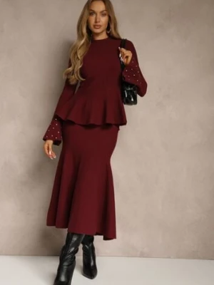 Bordowy Komplet z Dzianiny z Wiskozą Spódnica i Sweter z Baskinką i Cyrkoniami Nereza