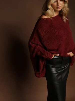 Bordowy Luźny Sweter Dzianinowy w Stylu Ponczo Nattava