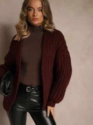 Bordowy Oversizowy Kardigan Bez Zapięć z Dodatkiem Wełny i Wiskozy Titanesa jumelle