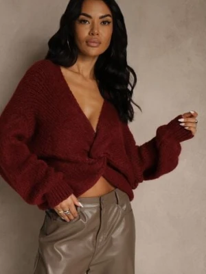 Bordowy Oversizowy Sweter z Dodatkiem Wełny Zdobiony Węzłem Lawedana