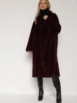 Bordowy Płaszcz Futerko o Kroju Oversize z Kieszeniami z Klapami Namys