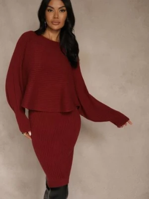 Bordowy Prążkowany Komplet z Dzianiny Sukienka Bodycon i Sweter Nietoperz Wediana