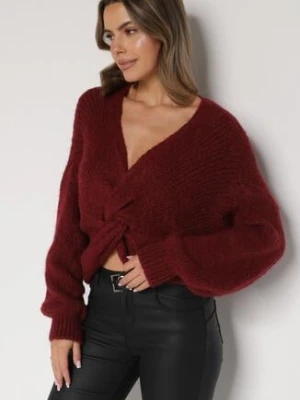 Bordowy Sweter Oversize z Domieszką Wełny z Oryginalnym Dekoltem Lawedia