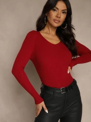 Bordowy Sweter z Bawełną z Prążkowanej Dzianiny Reisaria