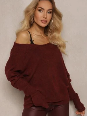 Bordowy Sweter z Lnem Oversize z Dekoltem w Łódkę Sassista by swan