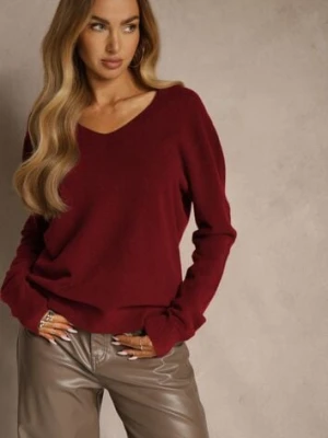 Bordowy Sweter z Wełną i Wiskozą z Trójkątnym Dekoltem Kaitte