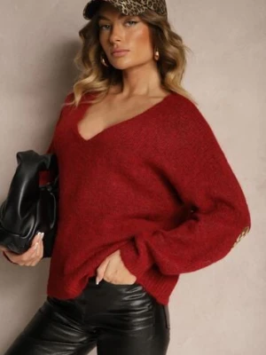 Bordowy Sweter z Wełną Ozdobiony Naszywkami na Rękawach Noraleen unigirl