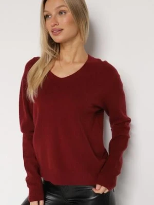 Bordowy Sweter z Wiskozą i Wełną z Dekoltem w Serek Claida