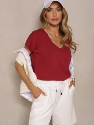 Bordowy T-shirt z Bawełny z Dekoltem w Serek Linithiela