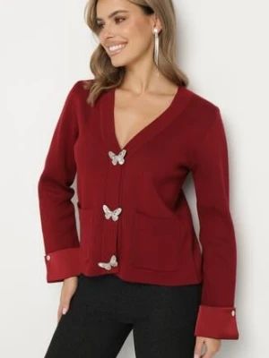 Bordowy Wiskozowy Kardigan z Kieszeniami Wywiniętymi Rękawami i Guzikami w Kształcie Motyli Wiledi elsa.m by may