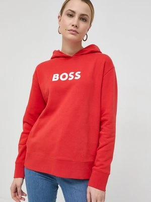 BOSS bluza bawełniana damska kolor czerwony z kapturem z nadrukiem 50468367