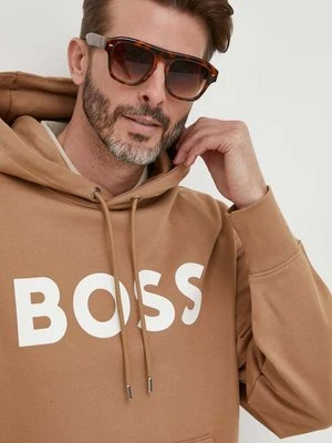 BOSS bluza bawełniana męska kolor beżowy z kapturem z nadrukiem 50496661