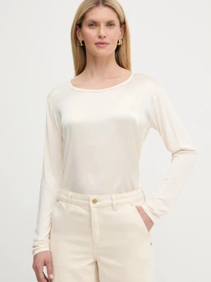 BOSS Green bluzka z domieszką jedwabiu damska kolor beżowy gładka 50541888