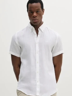 BOSS koszula lniana męska kolor biały slim z kołnierzykiem button-down 50539352
