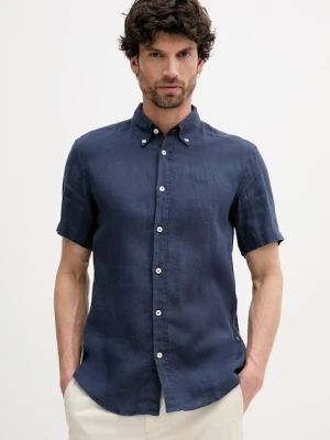 BOSS koszula lniana męska kolor granatowy slim z kołnierzykiem button-down 50539352