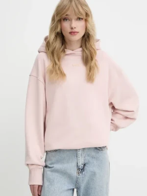 BOSS Orange bluza bawełniana damska kolor różowy z kapturem z aplikacją 50534815