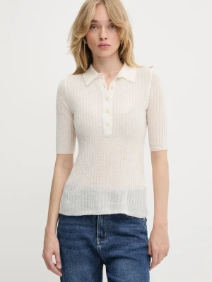 BOSS Orange polo wełniane damski kolor beżowy 50543977