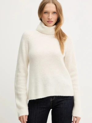 BOSS Orange sweter z dodatkiem wełny damski kolor beżowy lekki z golfem 50548937