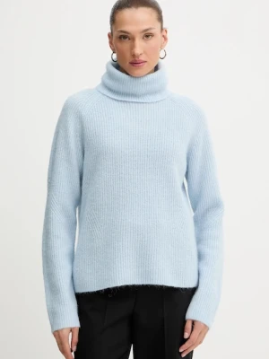 BOSS Orange sweter z dodatkiem wełny damski kolor niebieski lekki z golfem 50548937