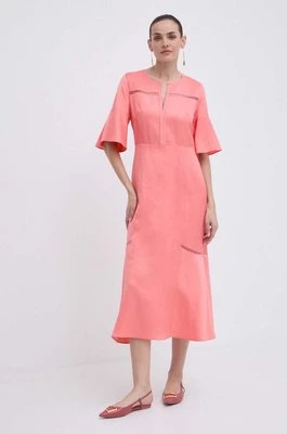 BOSS sukienka z domieszką lnu kolor różowy midi rozkloszowana 50512807CHEAPER