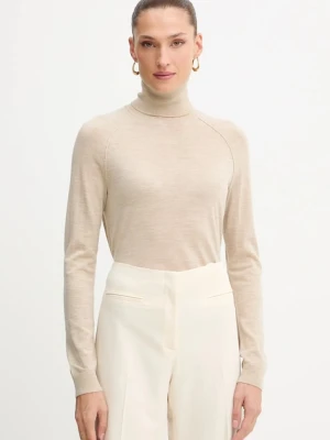BOSS sweter wełniany damski kolor beżowy lekki z golfem 50548298
