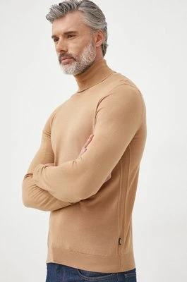 BOSS sweter wełniany męski kolor beżowy lekki z golferm