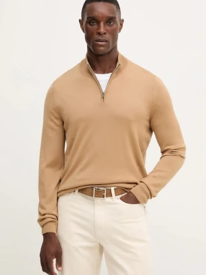 BOSS sweter wełniany męski kolor beżowy lekki z półgolfem 50528300