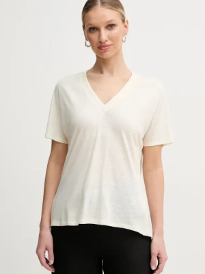 BOSS t-shirt z domieszką lnu damski kolor beżowy 50537543