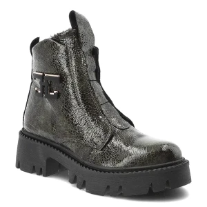 Botki damskie Artiker, skórzane we wzory z ozdobą za kostkę i na grubym obcasie z okrągłym noskiem i na suwak, zielone, 57C2080