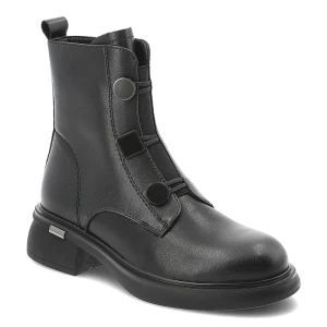 Botki damskie D&A by S.Barski o klasycznym fasonie z ozdobnymi paskami i geometrycznymi detalami na niskim stabilnym obcasie czarne, MK62-7030 Black
