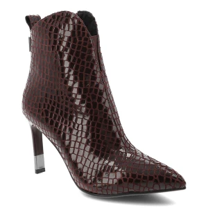 Botki damskie S. Barski, na szpilce skórzane we wzorki z noskiem w szpic ocieplane i na zamek, wino, CR52-705 S.Barski