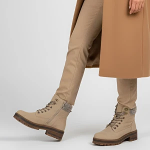 Botki damskie Vinceza, trzewiki na obcasie z eko skóry i zapinane na suwak, beżowe, 87722-BE