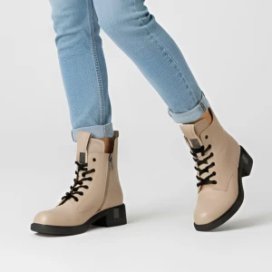 Botki damskie Vinceza, ze skóry na płaskim obcasie sznurowane i zapinane na zamek, beżowe, 66818-BE