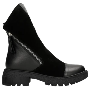 Czarne botki damskie z łączonych skór z ozdobnym zamkiem 55246-71 Wojas