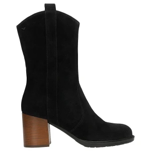 Czarne wysokie botki damskie na brązowym slupku 55325-61 Wojas