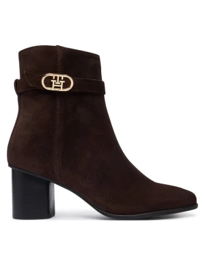 Botki Tommy Hilfiger Th Strap Suede Block Heel Boot FW0FW09521 Brązowy ciemny