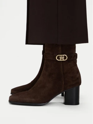 Botki Tommy Hilfiger Th Strap Suede Block Heel Boot FW0FW09521 Brązowy ciemny