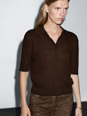 Braided Knitted Polo Shirt With Wool - Czekoladowy - - Massimo Dutti - Female
