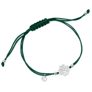 Bransoletka srebrna na zielonym sznurku - koniczyna - Hippie Hippie - Biżuteria YES
