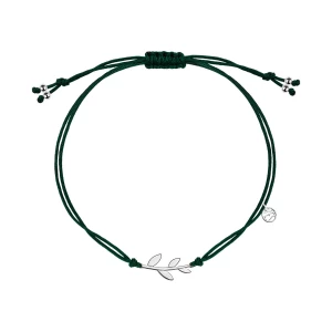 Bransoletka srebrna na zielonym sznurku - liść - Flora Flora - Biżuteria YES